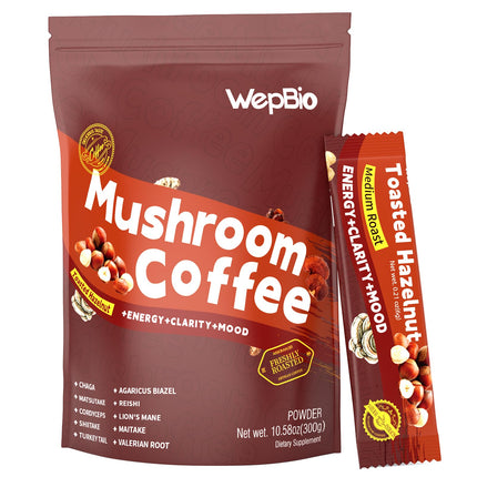 WepBio Mushroom Coffee 11 in 1 Adaptogenic Mushroom Blend with Ashwagandha KSM-66,Lions Mane,Reishi,Turkey Tail Hazelnut Instant Mushrooms Coffee for Boost Energy,Focus,Sugar-Free,30 Servings