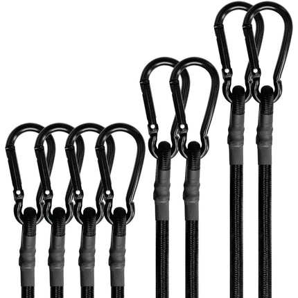 BEXSLE Bungee Cords with Carabiner Hooks Heavy Duty, Outdoor Black Bungee Straps, Strong Industrial Grade Elastic Bungee Rope for Securing Tarps, Luggage, Tents，Bikes, 12in + 24in + 48in，8pcs
