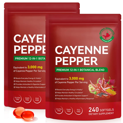 2 PCS Cayenne Pepper Softgels Supplement | 12-in-1 Serving with Vitamins D3, K2 & E | Supports Healthy Circulation & Daily Energy | Features Hawthorn, Beetroot & Turmeric | 240 Capsules