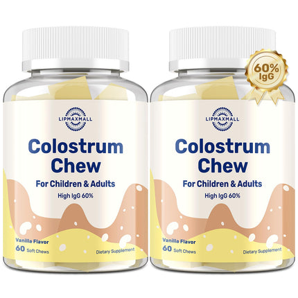 Bovine Colostrum Chews Supplement with 60% IgG for Humans Women Men Kids- for Immune, Gut, Bone, Joint, Cognitive, Overall Growth, from Grass-Fed Cows & Vanilla Flavor, 60 Soft Chews (2 Bottles)