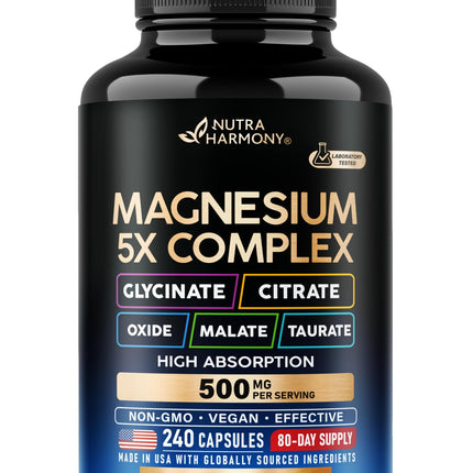 Magnesium Supplement - 5 in 1 Complex 500 mg | Glycinate | Citrate | Malate | Taurate | Oxide - Made in USA - Stress, Muscle & Heart Support - Vegan, Natural, Non-GMO - 240 Capsules