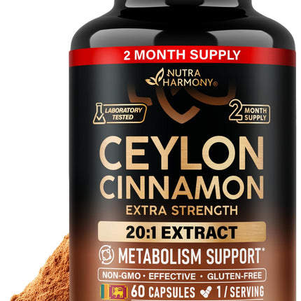 Ceylon Cinnamon Capsules - Extra Strength - Energy Heart & Metabolism Support for Men & Women - Pure Natural Cinnamon 20:1 Extract Supplement - GMO & Gluten Free - Made in USA - 60 Capsules 2 Month