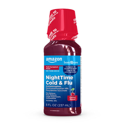 Amazon Basic Care Nighttime Cold & Flu Relief Syrup, Cherry, 8 fl oz (1-Pack)