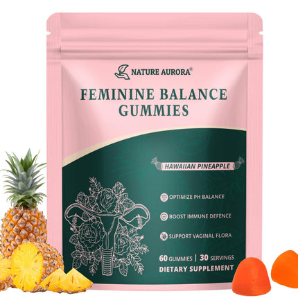Nature Aurora Premium Feminine Balance Gummies - Women's pH Balance & Vaginal Probiotics Support with Immune Support - Vegan, Gluten-Free - Hawaiian Pineapple Flavor - 60 Count