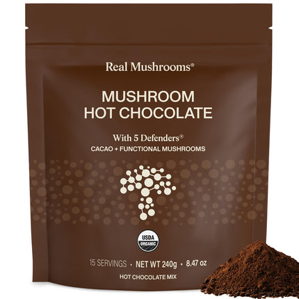 Real Mushrooms Organic Hot Chocolate Mix with Reishi, Turkey Tail, Chaga, Shiitake, Maitake – Cacao Powder Organic Mushroom– 5 Defenders Mushroom Cacao Powder, Vegan, Gluten-Free, 15 Servings