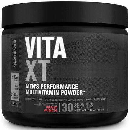 Jacked Factory Vita XT Performance Vitamin Powder - Daily Multivitamin Powder for Men with KSM-66 Ashwagandha, Prebiotic Fiber, Vitamin A, C, D, K, B6, B12, & More - Fruit Punch, 30Sv