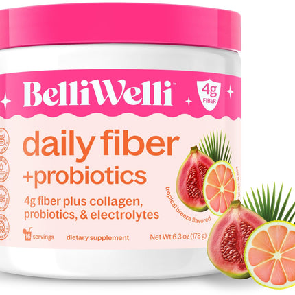 Belli Welli Fiber Supplement for Women & Men – Premium Daily Fiber Powder from Organic Acacia with Added Collagen, Electrolytes & Probiotics – No Bloat, Constipation & Gut Health Support (Tropical)