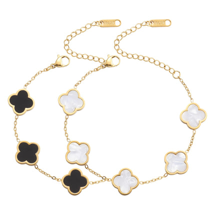 AIPPK 18K Gold Plated Clover Lucky Bracelet for Women White/Black/Red/Green Flower Four Leaf Link Bracelets Trendy Jewelry Gifts for Women (White+Black)