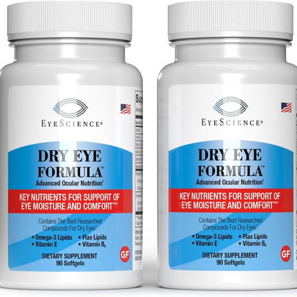 EyeScience - Dry Eye Formula - 90 Softgels - for Relief, Omega-3, Vitamins E, C & B6, Magnesium - Tear Production & Lasting Comfort - 2 Pack