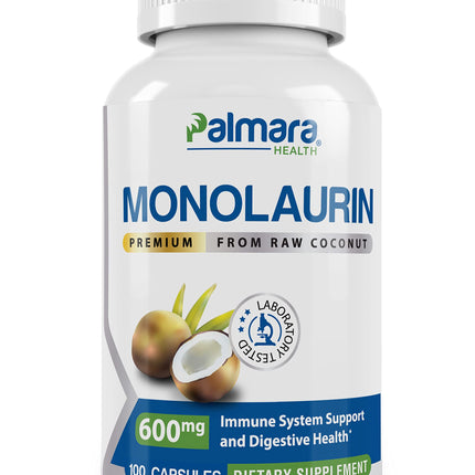 Palmara Health Premium Monolaurin 1,200mg per 2 capusle Serving, 1 Pack (100 Capsules)