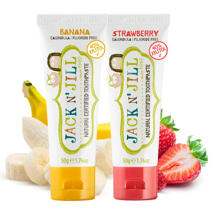 Jack N' Jill Natural Kids Toothpaste - Strawberry & Banana - Organic, Gluten Free, Vegan, BPA Free, Fluoride Free, SLS Free, Dairy Free - Making Toothbrushing Fun for Kids - 1.76 oz (Pack of 2)