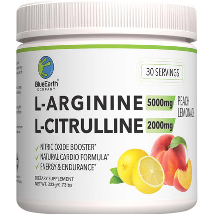 BlueEarth Company L-Arginine 5000mg + L-Citrulline 2000mg Complex Powder Supplement - Nitric Oxide Booster - Heart Health, Blood Flow, Energy & Endurance - 30 Servings (Peach Lemonade)