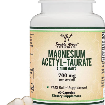 Magnesium Acetyl-Taurate (ATA MG, TauroMag) Novel and Patented Form of Magnesium for PMS and Cramp Relief (60 Capsules, 350mg) PMS Relief Magnesium Supplement by Double Wood Supplements