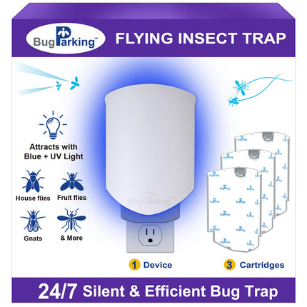 Bug Parking Flying Insect Trap, Plug-in UV Light for Gnats, Fruit Flies and Houseflies, Silent Sticky Catcher for Indoor Use, 1 Device & 3 Refills