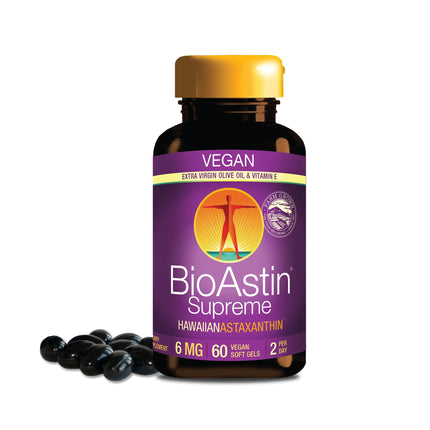Nutrex Hawaii BioAstin Supreme - 6 mg, 60 Vegan Softgels - Powerful Combo of Hawaiian Astaxanthin & Olive Oil - Antioxidants for Skin Health & Sun Support - Astaxanthin Grown in Kona, Hawaii