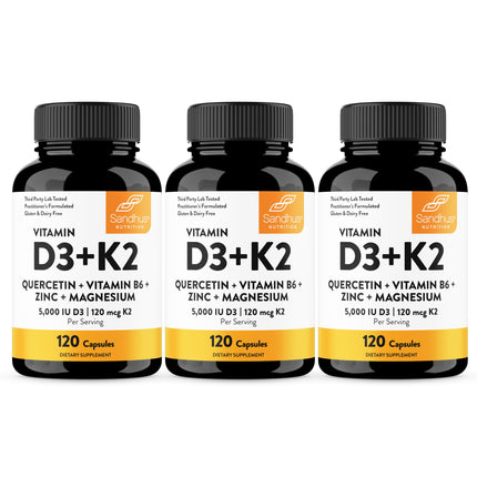 Sandhu's Vitamin D3 K2 Magnesium 5000 IU, 120mcg K2 Capsules 120 Count (Pack of 3) | with VIT B6, Zinc & Quercetin | D3K2 Supports Superior Absorption, Energy, Immune, Muscle Health for Men & Women