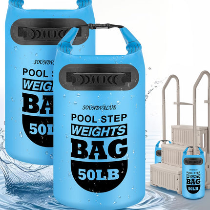 2 Pack 50lb Heavy Duty Pool Ladder Weights, Universal Above Ground Pool Step Sand Bags with Handles, 500D PVC Durable Waterproof & Foldable Sandbags for Swimming Pool Stairs (Sky Blue)