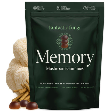 Fantastic Fungi Organic Mushroom Gummies for Focus & Memory, Lions Mane, Choline & Ashwagandha Gummies for Adults | Vegan, Sweet & Sour Flavor | 1 Month Supply | 60 Gummy Chewables