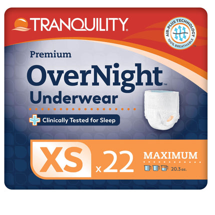 Tranquility Premium OverNight Disposable Absorbent Underwear (22 Count) - XS, 17-28 in. Waist - Maximum Absorbency, All-Night Sleep, Breathable Comfort, 22 Adult Diapers