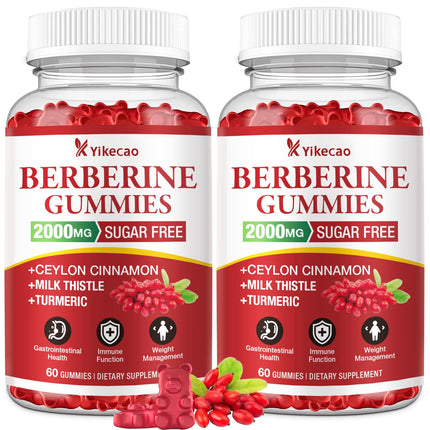 Yikecao 2 Pack Berberine Gummies with Ceylon Cinnamon, 2000mg Berberine HCL Supplement for Women & Men, Sugar Free, Vegan, Non-GMO, Gluten-Free, Raspberry Flavor-120 Count
