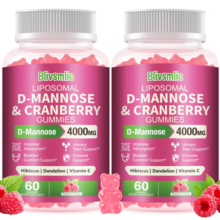 Blivsmlie 2 Pack Liposomal D-Mannose Gummies 4000mg Complex Cranberry 1500mg & Hibiscus,High-Potency Formula for Women Urinary Tract & Immune Support,Liver, Bladder Flush Cleanse Wellness Supplement