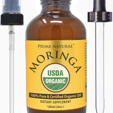 PRIME NATURAL Organic Moringa Oil USDA Certified, 100% Pure, Cold Pressed, Virgin, Unrefined Oil (4oz /120ml) - Moringa Dietary Supplement - Energy, Joints, Skin, Face, Body, Hair, Vegan, Food Grade