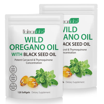 Nyloriaine 120PCS Oil of Oregano with Black Seed Oil Boosts Immune Oregano Oil Capsules Organic, Chlorophyll, Fast Absorption, GMP Certified (2 Packs)