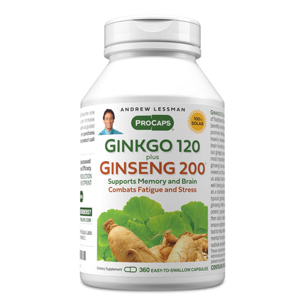 ANDREW LESSMAN Ginkgo 120 Plus Ginseng 200mg - 360 Capsules - Standardized Extract Blend to Support Brain, Memory and Cognitive Function. Adaptogen, Combats Stress and Fatigue. No Additives
