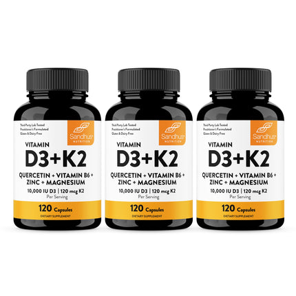 Sandhu's Vitamin D3 K2 Magnesium 10000 IU, 120mcg K2 Capsules 120 Count (Pack of 3) | with VIT B6, Zinc & Quercetin | D3K2 Supports Superior Absorption, Energy, Immune, Muscle Health for Men & Women