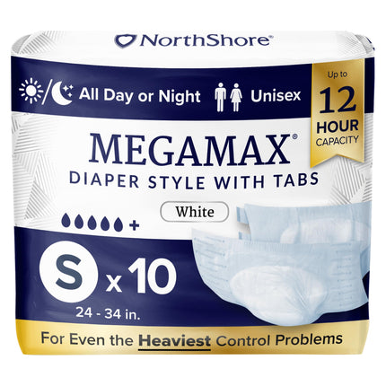 NorthShore MegaMax 12-Hour HBL Adult Diapers for Heavy Bladder Leaks, Small, 10 Count, White, 24-34 inches, Tab-Style Incontinence Underwear for Men, Women & Teens