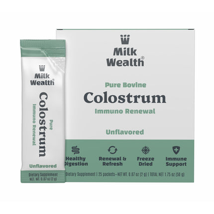 Milk Wealth™ Bovine Colostrum Powder 50g | Freeze-Dried & Natural IgG | Immune & Gut Health Support | Grass-Fed & Unflavored | Non-GMO & Gluten-Free | 25 Single-Serve Packets (2g Each)