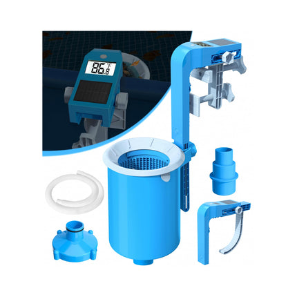 BluSwim Above Ground Pool Skimmer with Solar Digital Thermometer | Wall Mount Surface Skimmer - Auto Skimming Pool Floating Debris | 2 Upgraded Bracket - More Stable & Height Adjustable