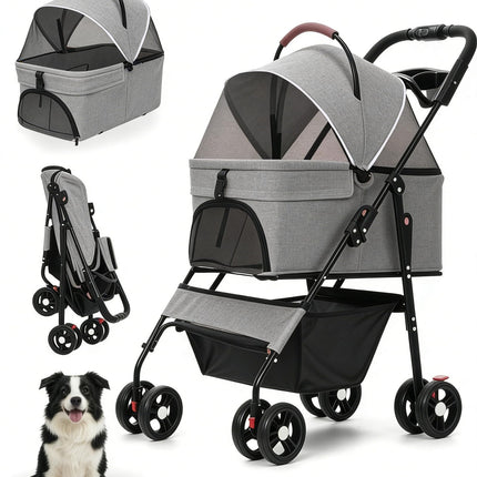 Pet Stroller with Removable Carrier, 35lbs Capacity - One-Click Foldable Dog Stroller, Cat Carrier & All-Terrain Wheels, Compact Travel Pet Stroller for Small to Medium Pets-Gray