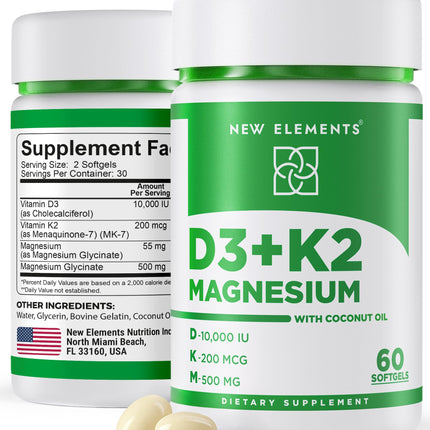 New Elements Vitamin D3 K2 10,000 IU with Magnesium Glycinate 500mg - Bone Health, Immune Support, Energy & Mood - Non-GMO, Gluten-Free, Sugar-Free Softgels for Women & Men (60 softgels)