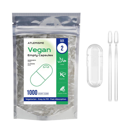 ATLEMISME Empty Vegan Capsules Size 2, 1000-Count DIY Vegetable Capsules for Filling | Includes 2 Micro Lab Spoons
