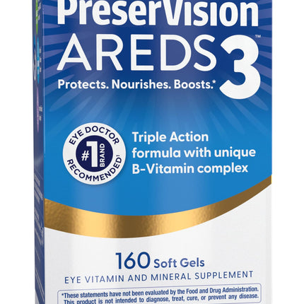 PreserVision AREDS3 Eye Vitamins, #1 Eye Doctor Recommended Brand, AREDS2 Formula with Additional 8 B-Vitamin Complex, Promotes Healthy Cellular Eye Function*, 3-in-1 Macular Supplement, 160 Softgels