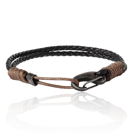 Lucky Brand 2-Row Corded Black Leather Bracelet for Men with Brown