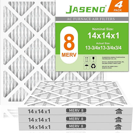 JASENG 14x14x1 Air Filters, MERV 8 Pleated HVAC Furnace Filters (4-Pack) - Dust Defense, MPR 600 - exact dimensions: 13.75"x13.75"x0.75" - Replacement for AC, Heater, and Ventilation Systems