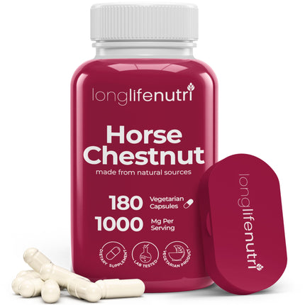 LongLifeNutri Horse Chestnut Extract 500mg - 180 Vegetarian Capsules, Organic Supplement for Daily Wellness & Circulation, 3-Month Supply, GMP Certified, Made in USA