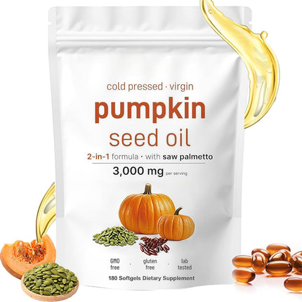 HWAXIGO Pumpkin Seed Oil Capsules with Saw Palmetto – 3000mg Cold-Pressed Blend for Hair Growth, Prostate & Urinary Support – Non-GMO Herbal Supplement (180 Softgels)