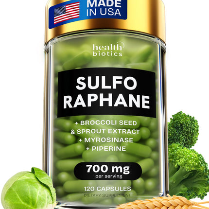 Healthbiotics Sulforaphane Supplement Organic Broccoli Sprouts | Stabilized Sulforaphane from Broccoli Florets & Seeds | Organic Sulfur Supplements 120 Pills | 1 Pack