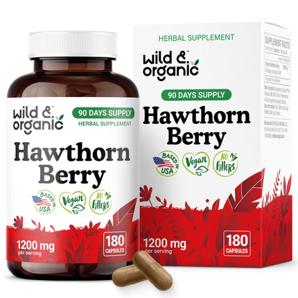 Wild & Organic Hawthorn Berry Capsules 1200 mg - Overall Support - Hawthorn Berry Powder Supplement - Crataegus Monogyna Fruit - 90 Days of Supply - Vegan, No Fillers, Non-GMO - 180 Count