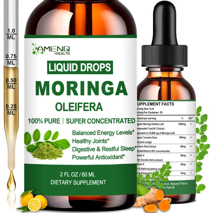 Pure Moringa Oleifera Liquid Drops, Organic Moringa Leaf Extract w. Turmeric, Black Pepper, Moringa Supplement for Energy Metabolism Immune Skin Joint & Gut, 6X Stronger Than Moringa Capsules Powder