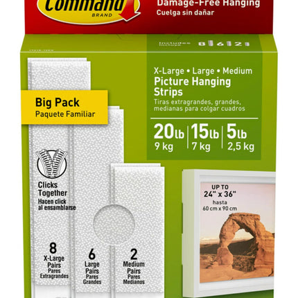 Command 20, 15 & 5 lb Assorted Picture Hanging Strips, 16 Pairs (32 Strips)