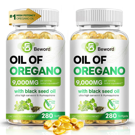 BEWORD Oil of Oregano with Black Seed Oil, 560 Softgels, 9000mg Per Serving – 2-in-1 Oregano Supplement for Immune Health with High Carvacrol & Thymoquinone | Plant-Based, Non-GMO