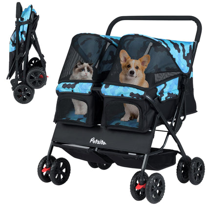 PETSITE Double Pet Stroller, Foldable Double Dog Stroller with 2-Seater Carrier, Adjustable Sunshade, Removable Pad, Safety Belt, Storage Basket, 4-Wheel Pet Travel Cart for 2 Puppies & Cats (Navy)