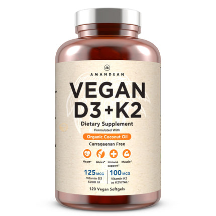 AMANDEAN Vitamin D3 K2. Vegan & Plant-Based 5000iu VIT D from Algae. All-Trans MK-7 K2Vital. 120 Softgels. Carrageenan Free. Organic Coconut Oil Blend. for Mood, Bones, Heart, Immune Health.