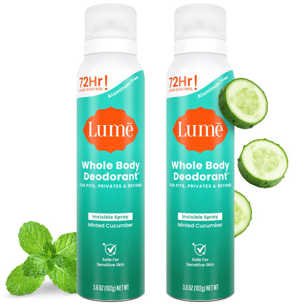 Lume Invisible Spray Deodorant For Women - Whole Body Deodorant Spray - 72Hr Odor Control - Ozone Friendly, Natural Propellant - Aluminum & Baking Soda Free, Skin Loving - 3.6oz, 2pk (Minted Cucumber)