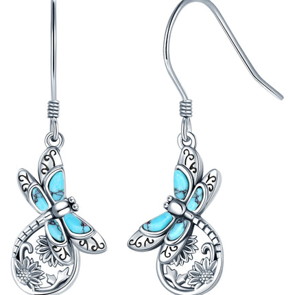 S925 Sterling Silver Turquoise Dragonfly Sunflower /Hummingbird/Butterfly/Cross/Anchor Earring Vintage Bohemian Jewelry Natural Drop/Stud Earrings Birthday Jewelry Gifts for Women (Dragonfly Dangle Earrings)