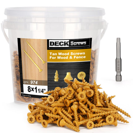 Bobibbi Wood Screws #8 x 1-1/4’’, T25 Star Torx Drive Flat Head Deck Screws, Tan, 194Pcs (1lb)